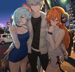 1boy ficoemirrio long_hair multiple_girls orphie_magnusson seed_(zenless_zone_zero) wise_(zenless_zone_zero) zenless_zone_zero
