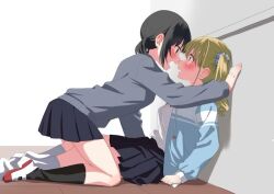  2girls all_fours black_hair black_skirt black_socks blonde_hair blue_jacket blush character_request commentary_request copyright_request eye_contact from_side girl_on_top grey_sweater hair_ornament hair_scrunchie jacket jpeg_artifacts kabedon long_sleeves looking_at_another multiple_girls one_side_up open_clothes open_jacket open_mouth pleated_skirt profile school_uniform scrunchie shirt shoes short_hair sitting skirt socks sweater tottoto_tomekichi uwabaki white_scrunchie white_shirt white_shoes white_socks 