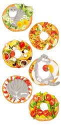  american_shorthair avocado bagel basil_leaf bell_pepper bell_pepper_slice caprese_salad cat cheese cherry_tomato circle_formation corn daisy_(flower) dandelion flower food food_focus fried_egg grey_cat hardboiled_egg highres leaf lettuce looking_at_viewer no_humans olive onion original salad simple_background slothm22 tomato white_background white_flower yellow_flower 