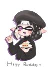  1girl black_hair black_headwear black_sweater cake commentary_request fangs food fork happy_birthday heart highres holding holding_fork holding_plate inkling inkling_girl mina_p multicolored_hair one_eye_closed open_mouth plate pointy_ears short_hair simple_background solo splatoon_(series) sweater two-tone_hair upper_body violet_eyes white_background white_hair 