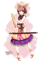  1girl 2018 blush brown_eyes commentary_request dated earmuffs furim highres looking_at_viewer medium_hair open_mouth pink_background ritual_baton standing touhou toyosatomimi_no_miko two-tone_background white_background 