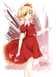  1girl 2018 aki_shizuha autumn_leaves bare_legs blonde_hair dated dress furim hair_ornament highres leaf leaf_hair_ornament looking_at_viewer medium_hair open_mouth pink_background red_dress solo two-tone_background white_background yellow_eyes 