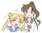  2girls bishoujo_senshi_sailor_moon blonde_hair blue_sailor_collar brown_hair brown_sailor_collar closed_eyes double_bun green_eyes hair_bun juuban_middle_school_uniform kino_makoto kino_makoto&#039;s_school_uniform long_hair multiple_girls ponytail sailor_collar school_uniform serafuku tamu_(mad_works) tsukino_usagi twintails upper_body wavy_hair 