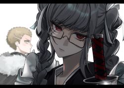  1boy 1girl absurdres black_kimono blonde_hair braid cloak closed_mouth danganronpa_(series) danganronpa_2:_goodbye_despair fur_trim glasses grey_hair hair_ribbon head_tilt highres hilt holding holding_sword holding_weapon japanese_clothes katana kimono kuzuryu_fuyuhiko long_hair looking_at_viewer looking_back pekoyama_peko portrait rectangular_eyewear red_eyes ribbon short_hair simple_background sword twin_braids ubugoe_0055 weapon white_background yellow_eyes 