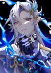  1boy black_gloves blue_eyes chromatic_aberration closed_mouth genshin_impact gloves gradient_background grey_hair highres koooootaaaaaaa3 long_hair looking_ahead male_focus neuvillette_(genshin_impact) pointy_ears simple_background solo thinking upper_body 