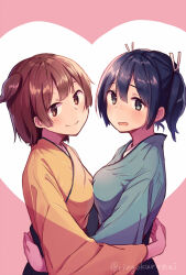  2girls blue_hair blush breast_press breasts brown_eyes brown_hair commentary_request green_eyes hair_between_eyes hair_ribbon half-siblings heart hiryuu_(kancolle) hug japanese_clothes kantai_collection kimono long_sleeves looking_at_viewer medium_breasts multiple_girls one_side_up open_mouth orange_kimono ribbon ringo_kureru short_twintails siblings simple_background sisters smile souryuu_(kancolle) symmetrical_docking twintails twitter_username upper_body yuri 