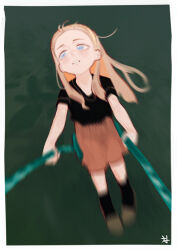  1girl absurdres aged_down bang_dream! bang_dream!_it's_mygo!!!!! bangs_pinned_back black_shirt black_socks blue_eyes border brown_hair commentary dated_commentary forehead full_body green_shoes hairband highres long_hair lunafeast motion_blur nagasaki_soyo on_swing orange_skirt shirt shoes skirt socks solo swing white_border yellow_hairband 