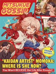  arknights ascot baseball_cap belt black_jacket blue_dress bow coat copyright_logo cover cover_page dress english_commentary english_text fake_cover fake_magazine_cover fish_girl food food_stand frilled_ascot frills gloves hair_bow haruka_(arknights) hat highres holding holding_microphone hoshiguma_(arknights) hoshiguma_the_breacher_(arknights) idol jacket logo magazine_cover matsukiri_(arknights) microphone multiple_belts oden official_art one_eye_closed pink_hair plant pointy_ears potted_plant puffy_coat puffy_sleeves red_bow red_gloves round_eyewear siyer sparkle sparkling_aura star_(symbol) yatai 
