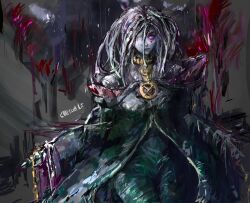  1girl bandage_over_one_eye bandaged_leg bandages chain chain_around_neck commentary grafelemart highres long_hair re:zero_kara_hajimeru_isekai_seikatsu sirius_(re:zero) smile solo violet_eyes white_hair 