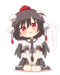  1girl absurdres black_hair black_necktie black_skirt black_socks black_wings blush chibi collared_shirt colored_shadow dress_shirt feathered_wings frilled_skirt frills full_body hair_between_eyes hands_on_lap hat head_tilt highres looking_at_viewer mini_hat necktie no_shoes own_hands_together parted_lips pleated_skirt puffy_short_sleeves puffy_sleeves red_eyes red_headwear shadow shameimaru_aya shirt short_sleeves simple_background sitting skirt socks solo tokin_hat totoharu_(kujirai_minato) touhou translation_request wariza white_background white_shirt wings 