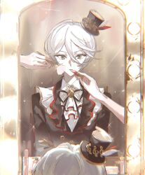  1girl applying_makeup black_hat black_jacket black_ribbon closed_mouth collared_shirt cosmetics green_eyes grey_hair hair_between_eyes hat hat_feather highres holding holding_lipstick_tube jacket lipstick_tube looking_at_mirror mini_hat mini_top_hat mirror neck_ribbon out_of_frame poteto_(mochimochinc) pretty_series pripara reflection reflection_focus reverse_trap ribbon shikyoin_hibiki shirt short_hair solo_focus tilted_headwear top_hat white_shirt 