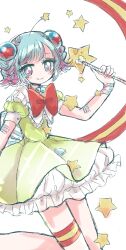  1girl blue_hair bow bowtie braid butter_run closed_mouth commentary_request dreamy_chelsea dress frilled_dress frills hair_ornament highres holding holding_wand magical_girl mahou_shoujo_ikusei_keikaku mahou_shoujo_ikusei_keikaku_breakdown multicolored_eyes multicolored_hair pink_hair pink_nails red_bow red_bowtie short_hair smile twin_braids wand 