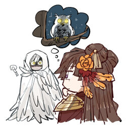  79x_(ox79xo) ? bird brown_hair fire_emblem fire_emblem:_fortune's_weave flower hair_flower hair_ornament hong_hua_(fire_emblem) male_eshmel_(fire_emblem) owl violet_eyes white_hair white_hood yellow_eyes 