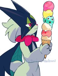  1other cape commentary_request food furry green_fur highres holding holding_ice_cream_cone ice_cream ice_cream_cone mask meowscarada nikoru other_focus pink_eyes pink_nose pokemon pokemon_(creature) simple_background smile tail twitter_username wavy_mouth white_background 