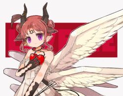  1girl arrow_(projectile) butter_run closed_mouth commentary_request feathered_wings heart hexagram highres holding holding_arrow horns love_me_ren-ren magical_girl mahou_shoujo_ikusei_keikaku mahou_shoujo_ikusei_keikaku_breakdown pink_hair pointy_ears short_hair smile violet_eyes white_wings wings 