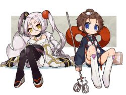  2girls amy_(mahoiku) black_pantyhose blue_eyes brown_hair butter_run closed_mouth commentary_request grey_hair hair_ornament highres holding holding_staff japanese_clothes long_hair magical_girl mahou_shoujo_ikusei_keikaku mahou_shoujo_ikusei_keikaku_f2p monako_(mahoiku) multicolored_hair multiple_girls pantyhose shakujou short_hair sitting smile staff star_(symbol) star_hair_ornament white_hair yellow_eyes 