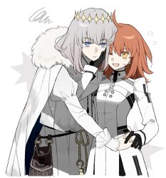  1boy 1girl :t black_gloves blue_eyes blush cape chinese_commentary commentary_request cropped_legs diamond_hairband dress fate/grand_order fate_(series) fujimaru_ritsuka_(female) fujimaru_ritsuka_(female)_(decisive_battle_chaldea_uniform) fur-trimmed_cape fur_trim gloves grey_hair hgdh369369 highres holding_hands long_sleeves looking_at_another oberon_(fate) oberon_(second_ascension)_(fate) one_eye_closed open_mouth orange_hair pushing_away shirt short_hair simple_background white_background white_cape white_dress white_shirt yellow_eyes 