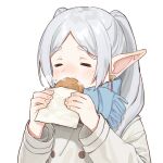 1girl :t =_= bag biting blush buttons closed_eyes coat double-breasted earrings eating elf facing_viewer food food_in_mouth frieren grey_coat grey_hair hair_over_shoulder hands_up happy highres holding holding_food jewelry long_hair long_sleeves nem_rui paper_bag parted_bangs pointy_ears simple_background solo sousou_no_frieren steam taiyaki twintails wagashi white_background winter_clothes 