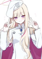  1girl aiguillette beret blonde_hair blonde_student_council_president_(blue_archive) blue_archive blue_eyes commentary_request double_v epaulettes halo hat highres long_hair looking_at_viewer medal multicolored_hair multicolored_halo na-code_(gurich) pink_streaks red_halo shoulder_strap single_epaulette smile solo streaked_hair two-tone_hair two-tone_halo v white_background white_halo white_hat 