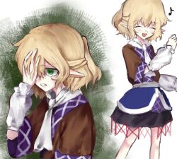  1girl :d bare_legs blonde_hair blush charlielee86545 closed_eyes commentary_request eighth_note green_background green_eyes hand_on_own_face medium_hair mizuhashi_parsee musical_note open_mouth pointy_ears simple_background smile solo standing touhou two-tone_background white_background 