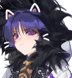  1boy absurdres aiguillette blunt_ends closed_mouth coat commentary_request drawn_ears drawn_whiskers eyeliner fatui_coat fur-trimmed_coat fur-trimmed_hood fur_trim genshin_impact gold hair_intakes highres hood hood_up hooded_coat jewelry lapels looking_at_viewer lower_eyelashes_only makeup male_focus mandarin_collar miaoyeza233 neck_ring profile purple_hair purple_rope red_eyeliner rope scaramouche_(genshin_impact) scaramouche_(harbinger)_(genshin_impact) solo tsurime variant_set violet_eyes white_background white_coat white_hood wispy_bangs 