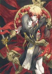  1boy 1girl arm_tattoo armor blonde_hair blood blood_on_face blood_on_hand braid chest_tattoo commission cuts food fruit gauntlets gradient_hair greaves grey_hair highres holding holding_polearm holding_weapon honkai:_star_rail honkai_(series) injury multicolored_hair mydei_(honkai:_star_rail) nsnevermind pauldrons polearm pomegranate shoulder_armor single_braid single_pauldron spear stelle_(honkai:_star_rail) symbolism tattoo trailblazer_(honkai:_star_rail) weapon yellow_eyes 