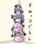  &gt;_&lt; 4girls :3 bat_wings black_wings blue_hair blush brooch_removed charisma_guard closed_eyes closed_mouth collared_shirt commentary_request corner cowering fang frilled_shirt_collar frilled_sleeves frills full_body hair_between_eyes hands_on_headwear hat hat_ribbon long_bangs matsudora124 mob_cap multiple_girls multiple_persona open_mouth pink_headwear pink_shirt pink_skirt puffy_short_sleeves puffy_sleeves red_ribbon remilia_scarlet ribbon shirt short_hair short_sleeves skirt skirt_set smile squatting sumikko_gurashi touhou translation_request wings yukkuri_shiteitte_ne 