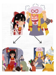  6+girls ahoge angry angry_boss_with_happy_family_irasutoyas_(meme) animal_ear_fluff animal_ears apron ascot bat_wings black_hair black_hat blonde_hair bow brown_hair cat_ears cat_tail chen chinese_commentary collage collared_shirt commentary_request curly_hair detached_sleeves disembodied_eye dog_girl doorway dress fingernails fox_girl from_behind gap_(touhou) gohei gourd green_tabard hair_bow hair_bun hakurei_reimu hands_up hat hat_tassel head_steam highres hitodama holding holding_gohei holding_gourd horn_bow horn_ornament horns houjuu_nue ibaraki_kasen ibuki_suika irasutoya iwakoo kirisame_marisa kitsune komano_aunn long_hair looking_at_another medium_hair meme midriff mob_cap multiple_girls multiple_tails night ofuda ofuda_on_clothes orange_hair out_of_frame pink_hair puffy_short_sleeves puffy_sleeves purple_bow purple_dress red_bow red_nails red_shirt red_vest red_wings remilia_scarlet ribbon-trimmed_sleeves ribbon_trim scolding sharp_fingernails sharp_teeth shirt short_sleeves single_horn sleeveless sleeveless_shirt smile standing star_(sky) straight-on tabard tail tail_wagging teeth touhou turn_pale upside-down vest white_dress white_shirt white_sleeves wings witch_hat yakumo_ran yakumo_yukari yellow_ascot 