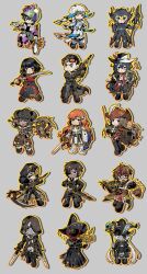  1other 6+boys 6+girls absurdres annotated aqua_eyes armor assassin astrologian_(final_fantasy) barbarian bard bard_(final_fantasy) black_armor black_boots black_eyes black_gloves black_hair black_mage_(final_fantasy) black_robe black_skirt blonde_hair blue_eyes book boots bow brown_hair brown_hairband bug card charon_(project_moon) chinese_commentary cockroach commentary_request dagger dante_(limbus_company) dark-skinned_female dark-skinned_male dark_skin don_quixote_(project_moon) dragoon_(final_fantasy) dual_wielding eyepatch faberge_egg fake_horns faust_(project_moon) final_fantasy final_fantasy_xiv floating floating_object floating_weapon flying_sweatdrops freckles glasses gloves goggles goggles_on_head green_eyes gregor's_cockroach_(project_moon) gregor_(project_moon) grey_background gunblade gunbreaker_(final_fantasy) hair_bow hair_slicked_back hairband hakama hakama_skirt hat hat_feather heathcliff_(project_moon) helmet heterochromia highres holding holding_book holding_instrument holding_lyre holding_paint_palette holding_polearm holding_scythe holding_shield holding_sword holding_weapon hong_lu_(project_moon) horned_helmet horns instrument ishmael_(project_moon) jacket japanese_armor japanese_clothes katana knife knight lance limbus_company long_hair low_twintails lyre machinist_(final_fantasy) meursault_(project_moon) miandaoyiluo multiple_boys multiple_girls open_mouth orange_hair outis_(project_moon) paint_palette paladin pants pictomancer_(final_fantasy) polearm project_moon reaper_(final_fantasy) red_hat red_jacket red_mage_(final_fantasy) red_pants robe rodion_(project_moon) rope ryoshu_(project_moon) sage_(final_fantasy) samurai_(final_fantasy) scythe shield short_hair simple_background sinclair_(project_moon) skirt smile steampunk summoner_(final_fantasy) sword tarot tarot_card twintails vergilius_(project_moon) very_long_hair viper_(final_fantasy) warrior_(final_fantasy) weapon white_armor white_bow white_hair white_hat witch witch_hat wizard yellow_eyes yi_sang_(project_moon) 
