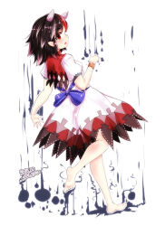  1girl 2018 bare_legs barefoot black_hair commentary_request dated dress feet from_behind furim gold_bangle highres kijin_seija medium_hair multicolored_hair red_hair soles standing toes touhou white_background white_dress 