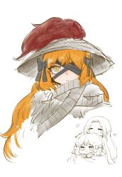  2girls bandage_over_one_eye black_bandages black_bow blush bow closed_eyes closed_mouth commentary_request freckles gooddogdoggood green_eyes grey_scarf hair_bow hat heart heishou_pack-you_branch_(identity)_(project_moon) highres ishmael_(project_moon) limbus_company long_hair looking_at_viewer multiple_girls orange_hair project_moon rodion_(project_moon) scarf sidelocks simple_background very_long_hair white_background 