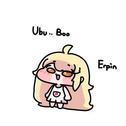 1girl absurdres aged_down ahoge blonde_hair blush_stickers character_name chibi chibi_only child cross-shaped_pupils dress english_text erpin_(trickcal) food_print fruit_print full_body highres long_hair open_mouth oren9814 simple_background smile solo strawberry_print symbol-shaped_pupils trickcal very_long_hair white_background white_dress 