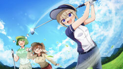  belt black_belt blonde_hair blue_pants blue_sky breasts brown_hair bug butterfly closed_eyes commentary_request crossed_bangs gloves golf golf_club grass green_eyes green_shirt hasu_hasuha highres holding holding_golf_club kimi_no_koto_ga_dai_dai_dai_dai_daisuki_na_100-nin_no_kanojo kusanochika large_breasts long_sleeves medium_breasts mountain multiple_girls pants plaid_clothes plaid_skirt polo_shirt shirt single_glove skirt sky smile sparkle sutou_iku swing thick_eyebrows two-tone_shirt violet_eyes visor_cap white_gloves yasashiki_yamame 