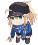  1girl ahoge artoria_pendragon_(fate) baseball_cap black_headwear black_shorts blonde_hair blue_jacket blue_scarf chibi cross_(crossryou) excalibur_(fate/stay_night) fate/grand_order fate_(series) green_eyes hair_between_eyes hair_through_headwear hat himitsucalibur_(fate) holding jacket looking_at_viewer mysterious_heroine_x_(fate) ponytail scarf shorts solo sword track_jacket weapon 