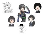  1girl :d amagami antenna_hair arm_at_side arms_at_sides averting_eyes ayanami_rei ayanami_rei_(cosplay) black_bodysuit black_eyes black_hair black_jacket blazer blue_bodysuit blue_sweater bodysuit breasts bright_pupils closed_mouth collared_shirt commentary cosplay crayon_shin-chan crossover doraemon dress_shirt ebisu_yoshikazu_(style) flying_sweatdrops hand_on_own_stomach hand_up hatching_(texture) highres interface_headset jacket light_frown looking_at_viewer looking_to_the_side medium_breasts meitantei_conan multiple_views nanasaki_ai neon_genesis_evangelion nervous nervous_sweating open_clothes open_jacket open_mouth orange_bodysuit oshizu parody parted_lips pilot_suit plugsuit sadamoto_yoshiyuki_(style) sazae-san shirt short_hair simple_background skin_tight smile solo spiky_hair style_parody sweat sweater upper_body white_background white_pupils white_shirt 