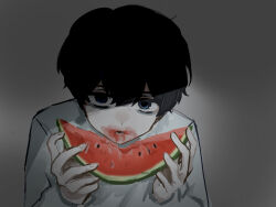  1boy black_hair blue_eyes commentary_request eating esse_series food food_on_face fruit highres horror_(theme) hunched_over hyoutenka_30-do_no_zetsubou kuchinashi_dabi looking_at_viewer nippon_kyuuyaku_uniform rokka_chrome shaded_face solo upper_body watermelon 