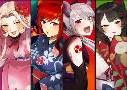  4girls :d absurdres akaya_shiki animal_ears armpit_crease blonde_hair blue_kimono blush breasts breath_weapon breathing_fire brown_hair clothing_cutout column_lineup commentary_request curtained_hair dog_ears dog_girl dola_(5th_costume)_(nijisanji) dola_(nijisanji) fang fangs fire floral_print floral_print_kimono flower grey_hair grey_horns hair_flower hair_ornament hairclip half-closed_eyes hand_up heterochromia highres higuchi_kaede higuchi_kaede_(oni) horns inui_toko inui_toko_(kimono) japanese_clothes jewelry kimono large_breasts leaning_forward long_hair long_sidelocks looking_at_viewer looking_to_the_side mole mole_under_eye multiple_girls multiple_necklaces neck_ribbon necklace nijisanji nui_sociere nui_sociere_(3rd_costume) obi obiage obidome obijime open_mouth pink_kimono ponytail print_kimono purple_flower purple_kimono red_eyes red_flower red_hair red_horns red_kimono red_ribbon red_sash ribbon sash shoulder_cutout shoulder_tattoo sidelocks skin_fang sleeves_past_fingers sleeves_past_wrists slit_pupils small_breasts smile tattoo violet_eyes virtual_youtuber white_sash yellow_eyes yellow_sash 