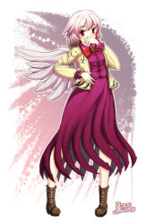  1girl 2018 commentary_request covering_own_mouth dated dress feathered_wings furim hand_on_own_face hand_on_own_hip highres kishin_sagume medium_hair purple_dress red_eyes single_wing touhou white_background white_hair wings 