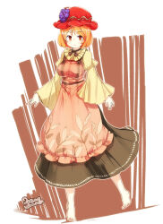  1girl 2018 aki_minoriko apron barefoot black_bow black_skirt bow breasts brown_background commentary_request dated food-themed_hair_ornament furim grape_hair_ornament hair_ornament highres large_breasts long_sleeves looking_at_viewer orange_eyes orange_hair puffy_sleeves red_apron skirt standing toes touhou two-tone_background white_background 