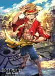  1boy black_eyes black_hair clenched_teeth commentary_request hand_on_headwear hat male_focus monkey_d._luffy nijihayashi official_art one_piece open_clothes outdoors red_shirt scar scar_on_cheek scar_on_chest scar_on_face shirt short_hair smile solo standing straw_hat teeth translation_request treasure_chest 