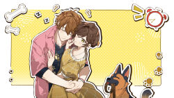  1boy 1girl absurdres alarm_clock arms_around_another's_waist black_shirt border bow brown_hair cartoon_bone cheek-to-cheek clock couple dog dress frilled_shirt_collar frills german_shepherd grid_print halftone halftone_background hand_on_another's_chest heads_together hetero highres holding holding_leash holding_own_leash hug jewelry key key_necklace kradebii leash luke_pearce_(tears_of_themis) motion_lines necklace notice_lines paw_print pet pink_shirt puffy_short_sleeves puffy_sleeves rosa_(tears_of_themis) shirt short_sleeves tears_of_themis white_border yellow_bow yellow_dress zzz 