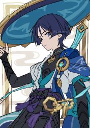  1boy anemo_symbol_(genshin_impact) arm_at_side armor belt bishounen black_belt black_bodysuit black_bow black_bridal_gauntlets black_hair black_shorts blue_cape blue_gem blue_hat blue_jingasa blue_kimono blunt_ends bodysuit bow bridal_gauntlets bright_pupils cape closed_mouth commentary covered_collarbone eyeliner feathers furisode gem genshin_impact gold gold_border hand_up hat highres japanese_armor japanese_clothes jingasa juban kimono kote kura_rart kurokote looking_at_viewer makeup male_focus mandarin_collar open_clothes open_kimono pom_pom_(clothes) purple_rope purple_sash red_eyeliner rope sash scaramouche_(genshin_impact) shorts side_cape solo split_mouth tassel tsurime twitter_username violet_eyes wanderer_(genshin_impact) white_background white_kimono white_pupils white_trim wispy_bangs yellow_feathers 