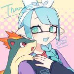  1girl aqua_eyes aqua_hair artist_name braid commentary_request commission dot_nose eyelashes fire hairband inkling inkling_girl inuowour long_hair open_mouth pokemon pokemon_(creature) purple_sweater quilava red_eyes red_shirt shirt signature smile splatoon_(series) sweater thank_you white_hairband 