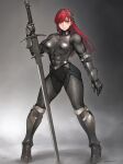  1girl armor chainmail full_body gauntlets hairband highres long_hair muscular muscular_female original redhead solo sword takebouzu weapon 