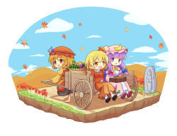  3girls aki_minoriko aki_shizuha autumn_leaves barefoot black_skirt blue_sky cart commentary_request crescent crescent_hat_ornament day dress falling_leaves hat hat_ornament highres leaf long_hair maple_leaf mob_cap multiple_girls open_mouth outdoors patchouli_knowledge pink_dress pink_hat purple_hair shirt siblings sisters sitting skirt sky smile touhou very_long_hair violet_eyes yellow_shirt yoruniwa 