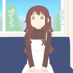  1girl blue_sky blurry blurry_background brown_hair brown_sweater closed_mouth day depth_of_field dress fuuka_(juukyuu) juukyuu long_hair looking_to_the_side original ribbed_sweater sky sleeveless sleeveless_dress smile solo sweater train_interior translation_request two_side_up white_dress window 