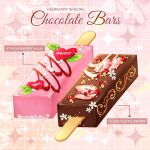  candy chocolate chocolate_bar chocolate_syrup chocomiruki commentary_request english_text flower food food_focus fruit grid_background heart leaf no_humans original pink_background popsicle_stick projected_inset sparkle strawberry strawberry_slice white_flower 