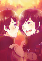  1boy aldnoah.zero amifumi_inko black_hair blush brown_eyes brown_hair closed_eyes commentary_request happy hetero kaizuka_inaho looking_at_another mecha_pilot_suit open_mouth short_hair smile tearing_up teeth upper_body upper_teeth_only ynko 