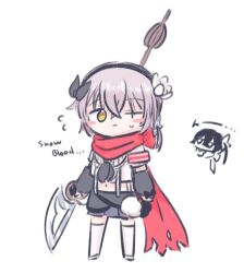  1girl armband black_bow black_hair black_hairband bow commentary_request english_text flower grey_skirt hair_flower hair_ornament hairband holding holding_polearm holding_weapon magical_girl mahou_shoujo_ikusei_keikaku mahou_shoujo_ikusei_keikaku_red navel neil_okysk one_eye_closed pink_hair pleated_skirt polearm red_scarf ripple_(mahoiku) scarf short_hair shuriken_hair_ornament skirt snow_blood_(mahoiku) spear spoilers thigh-highs weapon white_background white_flower white_thighhighs yellow_eyes 