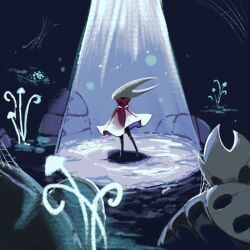  1girl arthropod_girl black_skin cloak colored_skin corpse cracked_mask from_behind glowing_mushroom highres hollow_eyes hollow_knight horned_mask hornet_(hollow_knight) horns mask ocohc red_cloak silk spider_web spotlight white_mask 
